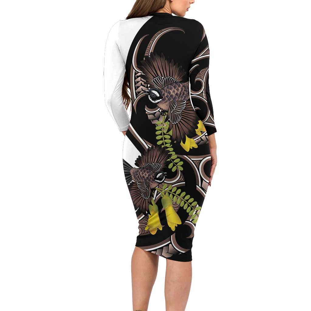 New Zealand Valentines Day Long Sleeve Bodycon Dress Piwakawaka Lovers Maori Koru Tattoo LT14 - Polynesian Pride