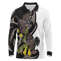 New Zealand Valentines Day Long Sleeve Polo Shirt Piwakawaka Lovers Maori Koru Tattoo LT14 Black - Polynesian Pride