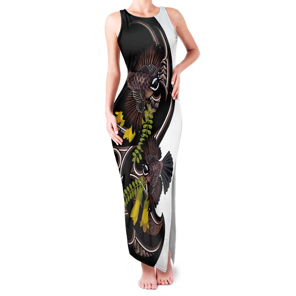 New Zealand Valentines Day Tank Maxi Dress Piwakawaka Lovers Maori Koru Tattoo LT14 Women Black - Polynesian Pride