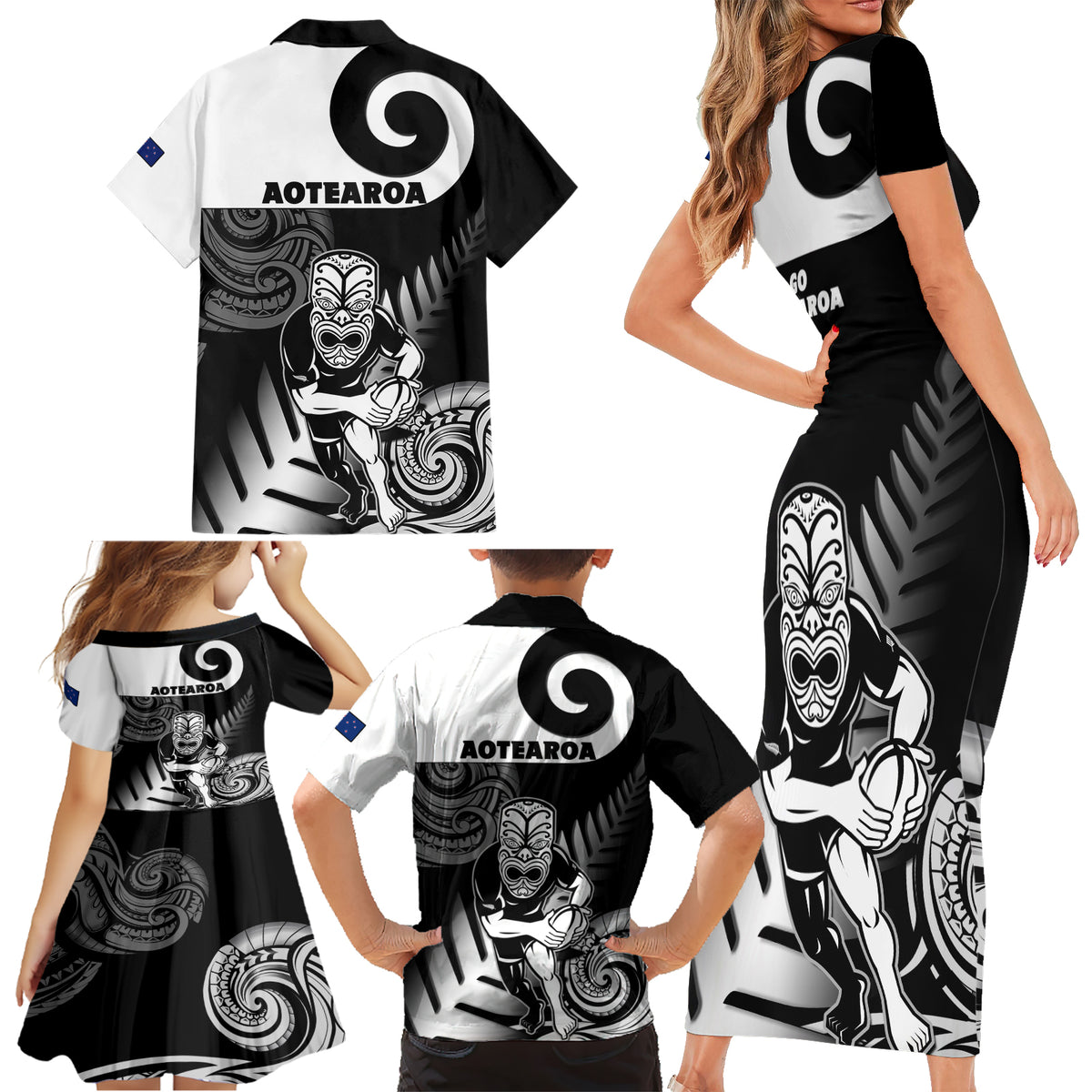 New Zealand Silver Fern Rugby Family Matching Short Sleeve Bodycon Dress and Hawaiian Shirt Go Champions NZ All Black Maori Koru LT14 - Polynesian Pride