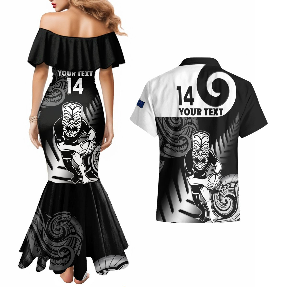 Custom New Zealand Silver Fern Rugby Couples Matching Mermaid Dress and Hawaiian Shirt Go Champions NZ All Black Maori Koru LT14 - Polynesian Pride