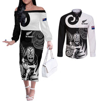 Custom New Zealand Silver Fern Rugby Couples Matching Off The Shoulder Long Sleeve Dress and Long Sleeve Button Shirts Go Champions NZ All Black Maori Koru LT14 Black - Polynesian Pride