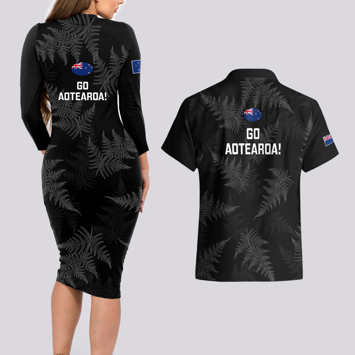 New Zealand Silver Fern Rugby Couples Matching Long Sleeve Bodycon Dress and Hawaiian Shirt 2023 Go Aotearoa Champions World Cup LT14 - Polynesian Pride