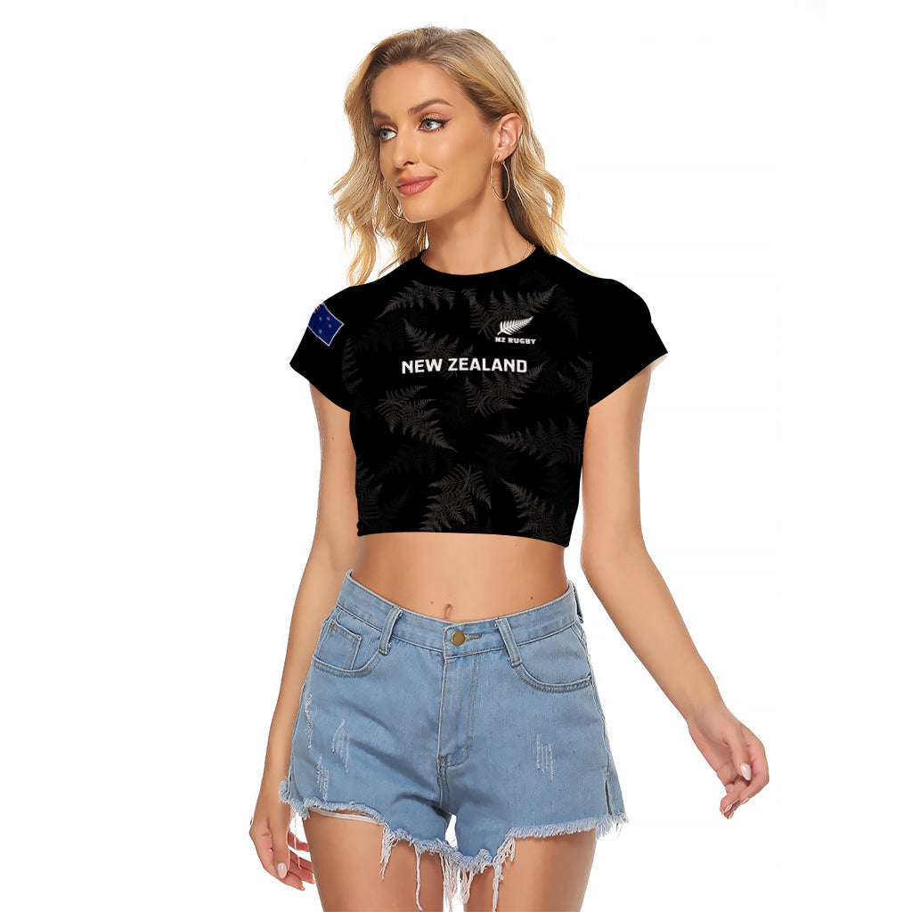 Custom New Zealand Silver Fern Rugby Raglan Cropped T Shirt 2023 Go Aotearoa Champions World Cup LT14 Female Black - Polynesian Pride