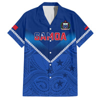 Samoa Rugby Family Matching Off Shoulder Maxi Dress and Hawaiian Shirt 2023 Go Manu Samoa LT14 Dad's Shirt - Short Sleeve Blue - Polynesian Pride
