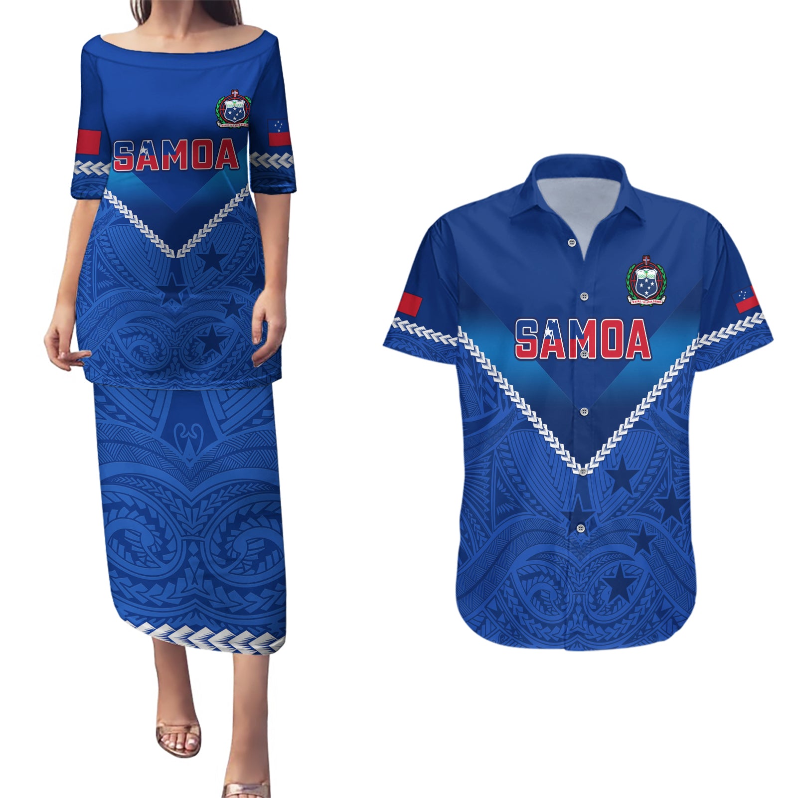 Custom Samoa Rugby Couples Matching Puletasi Dress and Hawaiian Shirt 2023 Go Manu Samoa LT14 Blue - Polynesian Pride