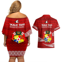 Tonga Rugby Couples Matching Off Shoulder Short Dress and Hawaiian Shirt 2023 Ikale Tahi Tongan Ngatu Pattern LT14 - Polynesian Pride