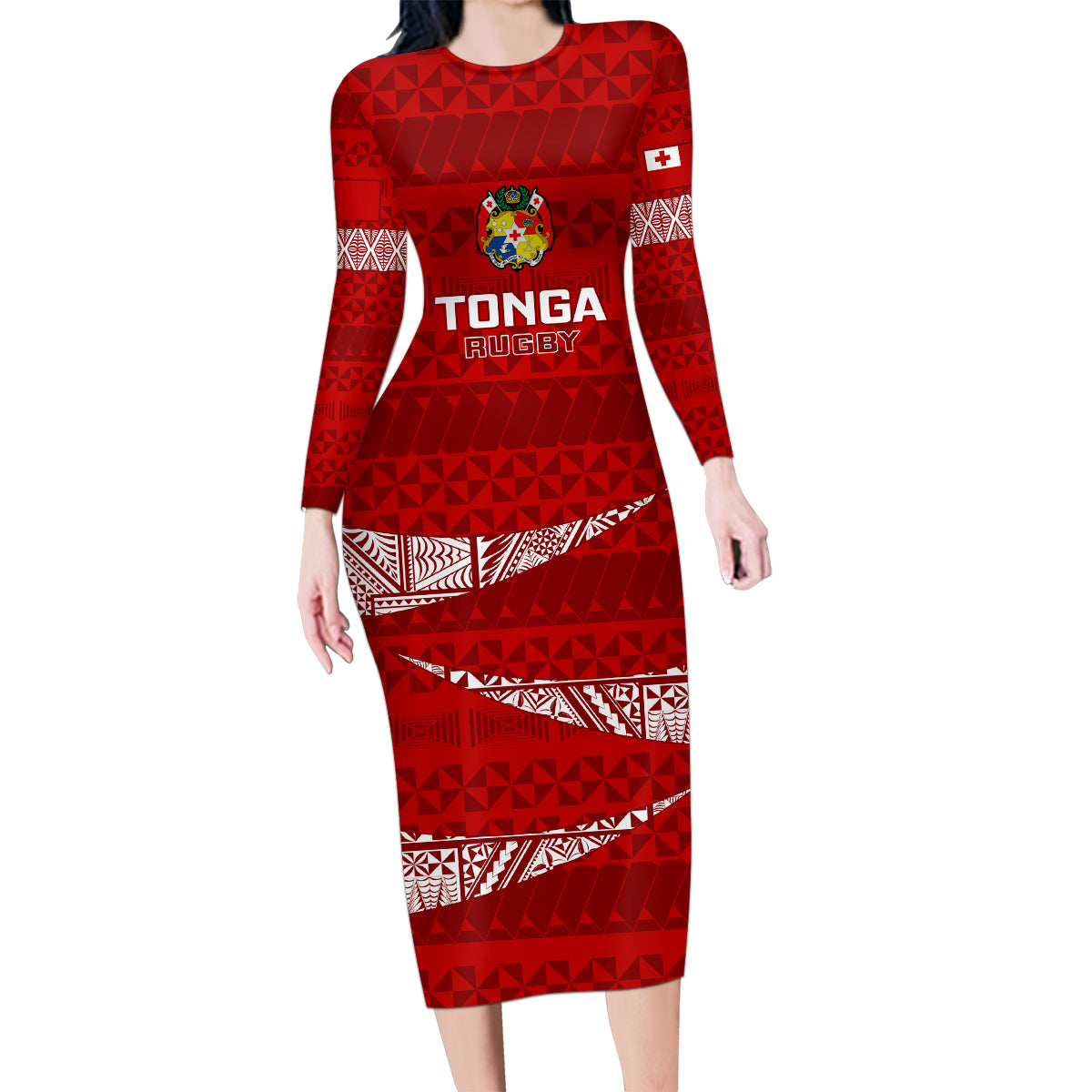 Custom Tonga Rugby Family Matching Long Sleeve Bodycon Dress and Hawaiian Shirt 2023 Ikale Tahi Tongan Ngatu Pattern LT14 Mom's Dress Red - Polynesian Pride