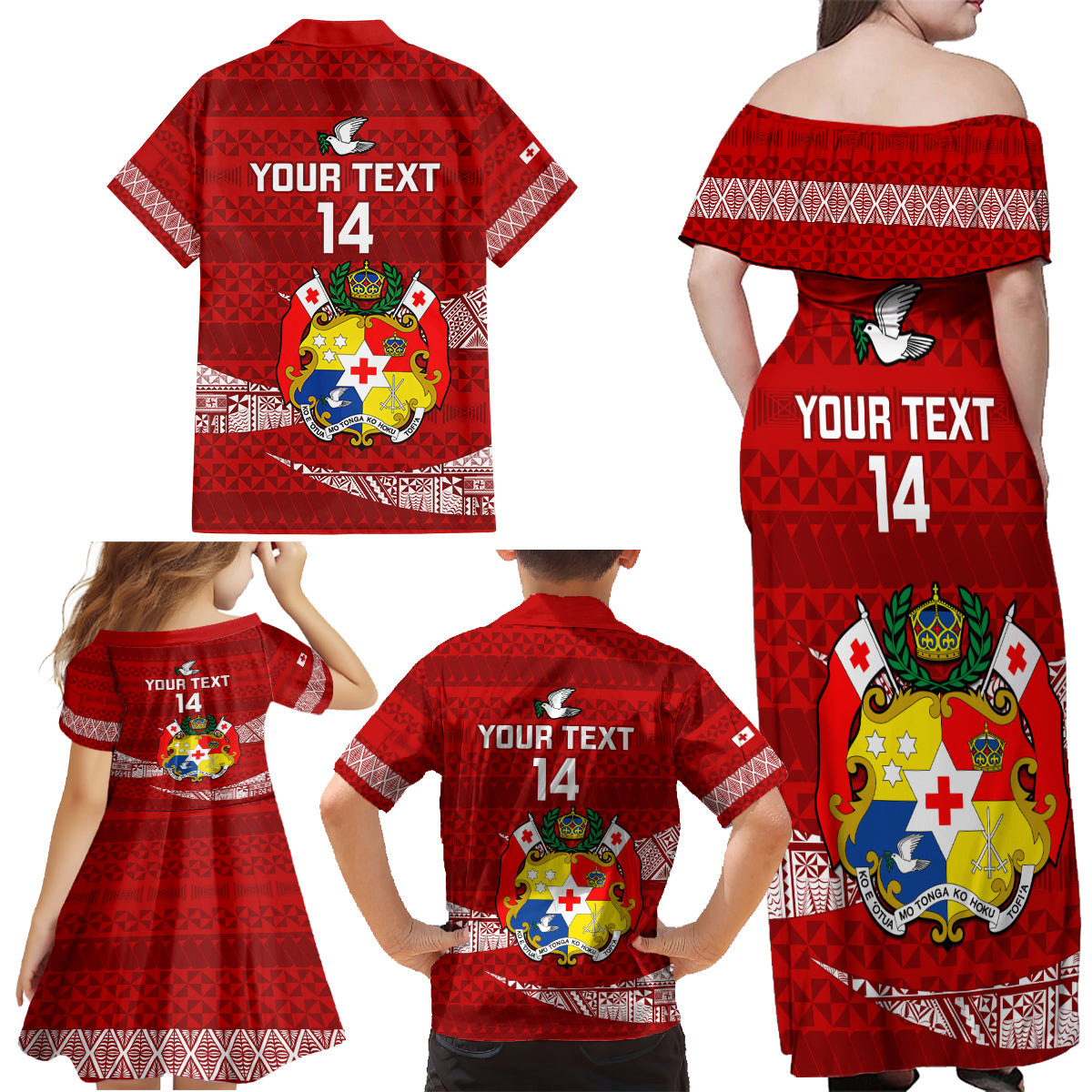 Custom Tonga Rugby Family Matching Off Shoulder Maxi Dress and Hawaiian Shirt 2023 Ikale Tahi Tongan Ngatu Pattern LT14 - Polynesian Pride