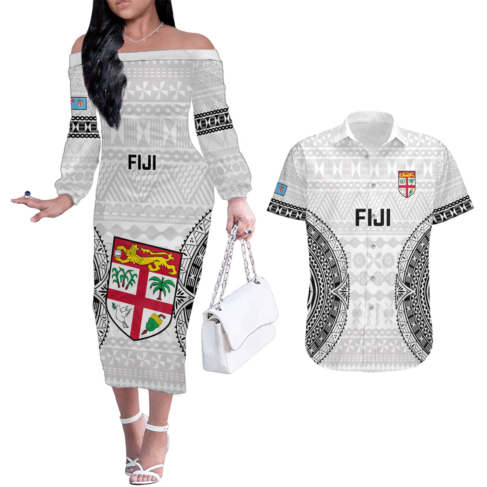 Fiji Rugby Couples Matching Off The Shoulder Long Sleeve Dress and Hawaiian Shirt 2023 Go Champions World Cup Fijian Tapa Pattern LT14 White - Polynesian Pride