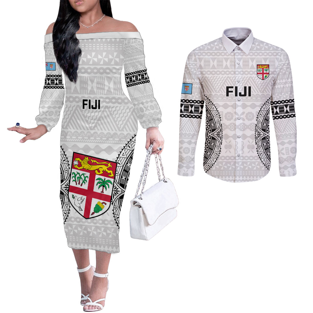 Fiji Rugby Couples Matching Off The Shoulder Long Sleeve Dress and Long Sleeve Button Shirts 2023 Go Champions World Cup Fijian Tapa Pattern LT14 White - Polynesian Pride