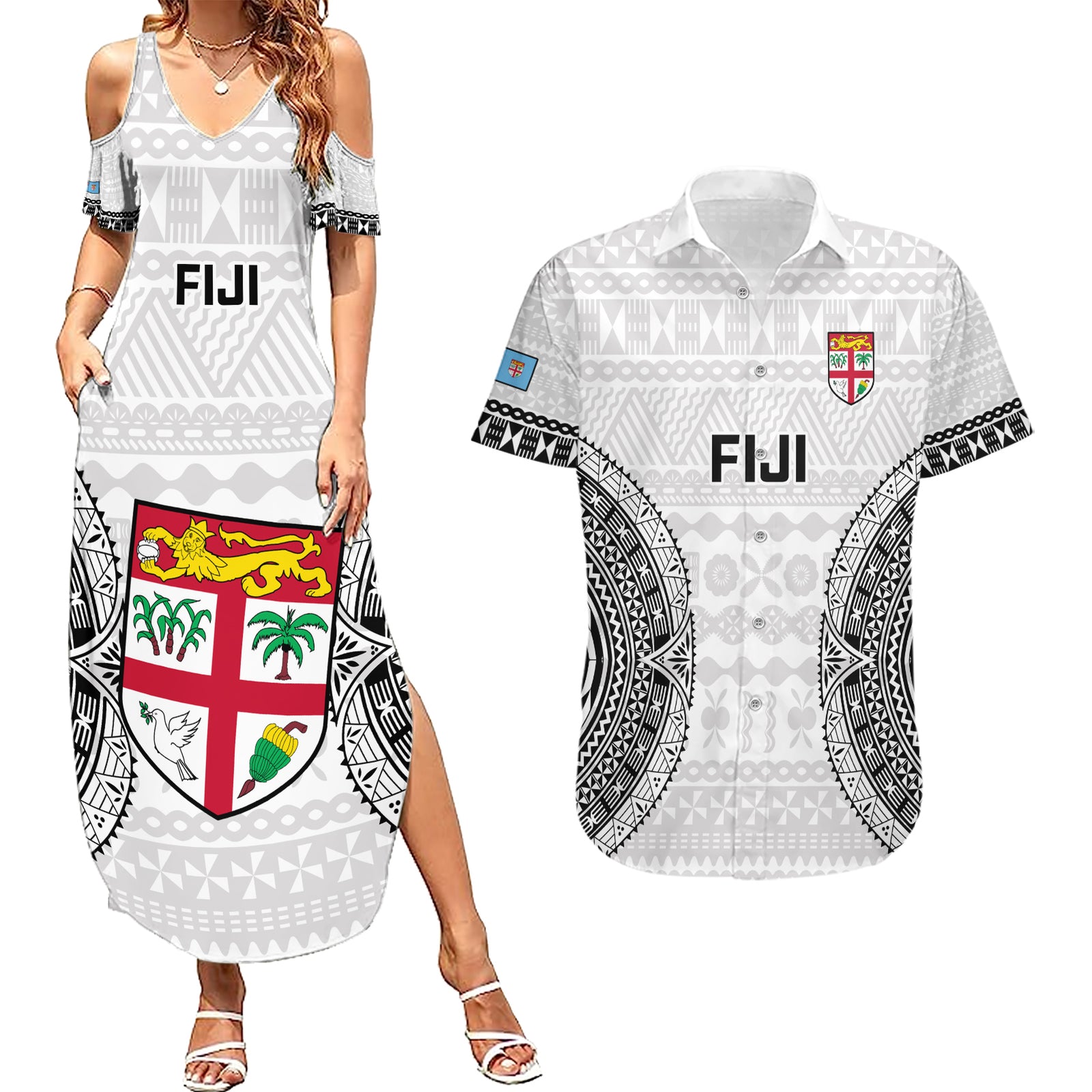 Fiji Rugby Couples Matching Summer Maxi Dress and Hawaiian Shirt 2023 Go Champions World Cup Fijian Tapa Pattern LT14 White - Polynesian Pride