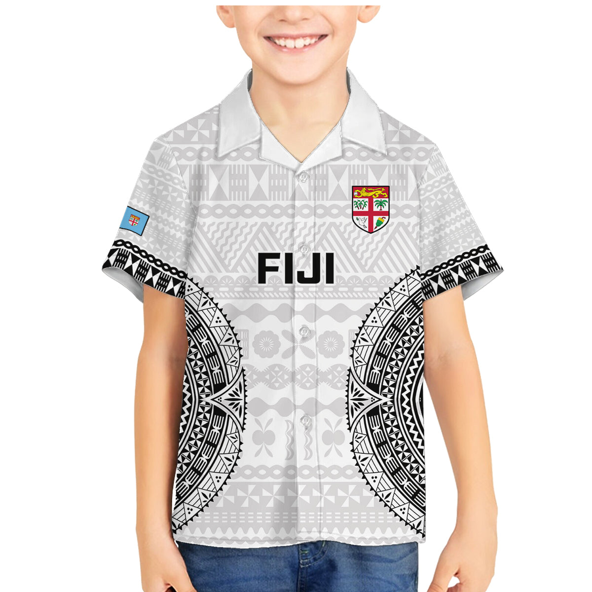 Fiji Rugby Family Matching Mermaid Dress and Hawaiian Shirt 2023 Go Champions World Cup Fijian Tapa Pattern LT14 Son's Shirt White - Polynesian Pride
