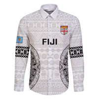 Fiji Rugby Family Matching Off Shoulder Short Dress and Hawaiian Shirt 2023 Go Champions World Cup Fijian Tapa Pattern LT14 Dad's Shirt - Long Sleeve White - Polynesian Pride