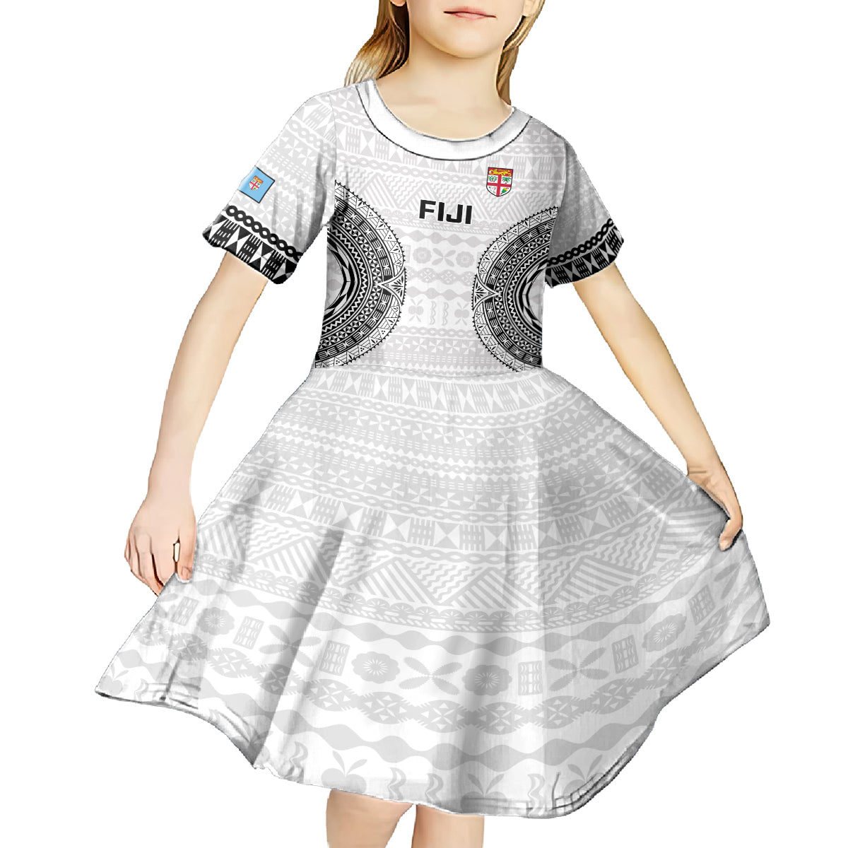 Custom Fiji Rugby Kid Short Sleeve Dress 2023 Go Champions World Cup Fijian Tapa Pattern LT14 - Polynesian Pride