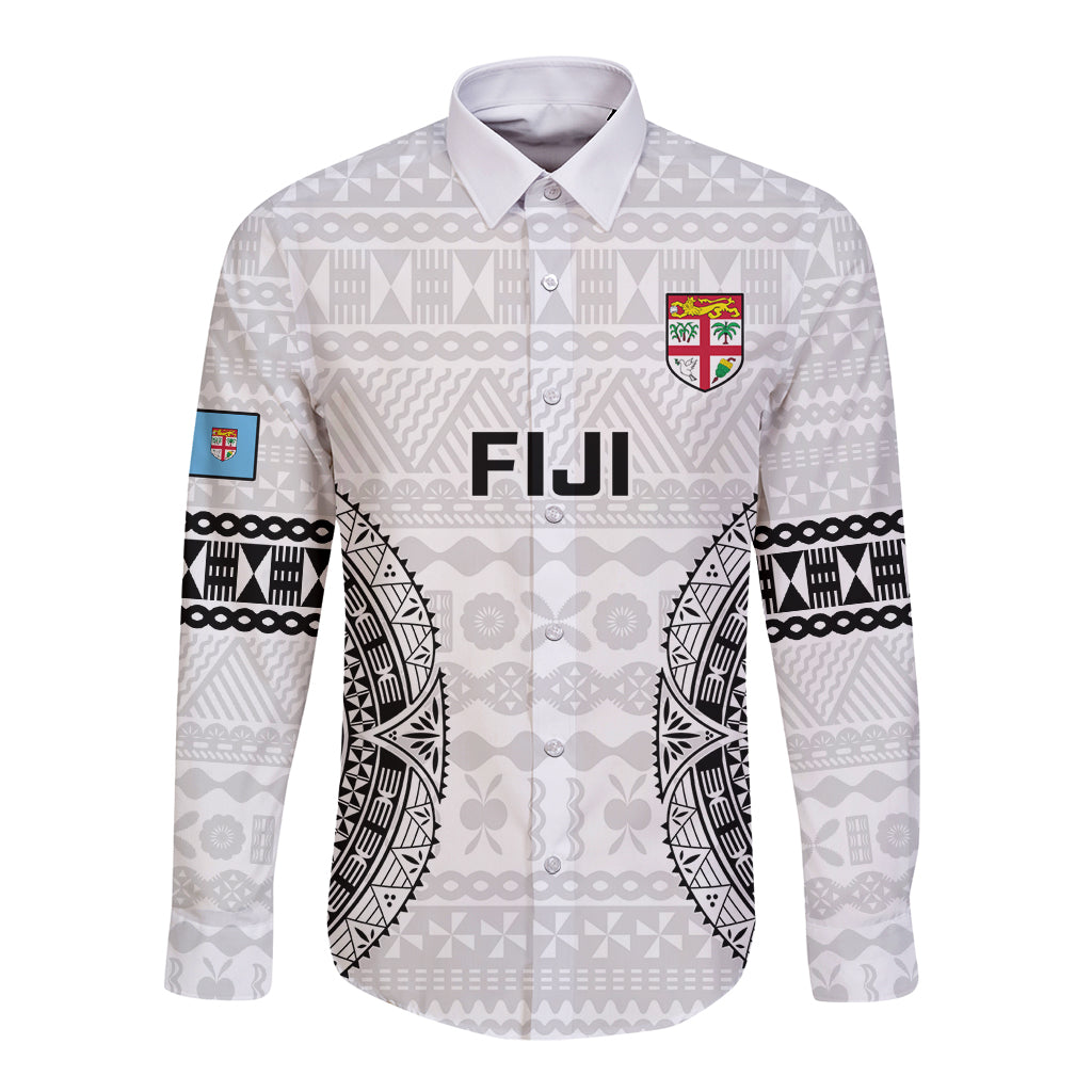 Custom Fiji Rugby Long Sleeve Button Shirt 2023 Go Champions World Cup Fijian Tapa Pattern LT14 Unisex White - Polynesian Pride