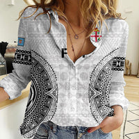 Custom Fiji Rugby Women Casual Shirt 2023 Go Champions World Cup Fijian Tapa Pattern LT14 Female White - Polynesian Pride