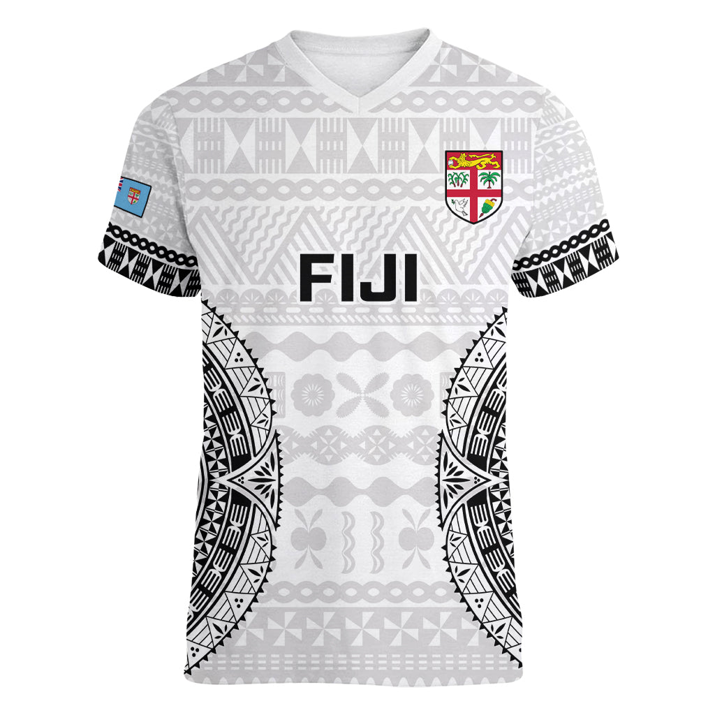 Custom Fiji Rugby Women V Neck T Shirt 2023 Go Champions World Cup Fijian Tapa Pattern LT14 Female White - Polynesian Pride