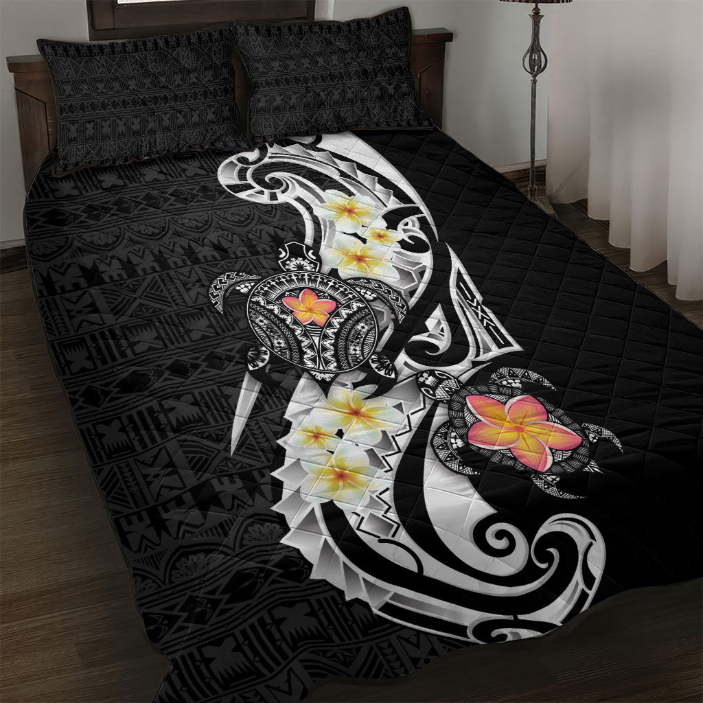 Bula Fiji Tapa Turtle Quilt Bed Set Plumeria Fijian Masi Vonu Black