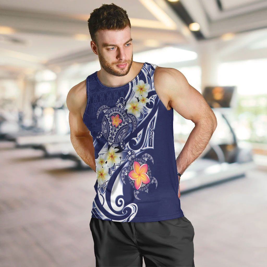 Bula Fiji Tapa Turtle Men Tank Top Plumeria Fijian Masi Vonu Midnight Blue LT14 Midnight Blue - Polynesian Pride