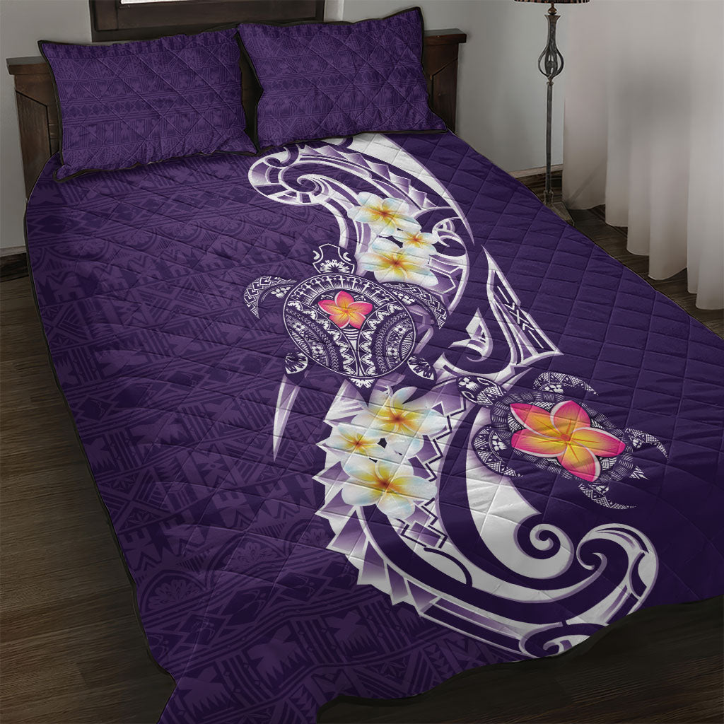 Bula Fiji Tapa Turtle Quilt Bed Set Plumeria Fijian Masi Vonu Purple