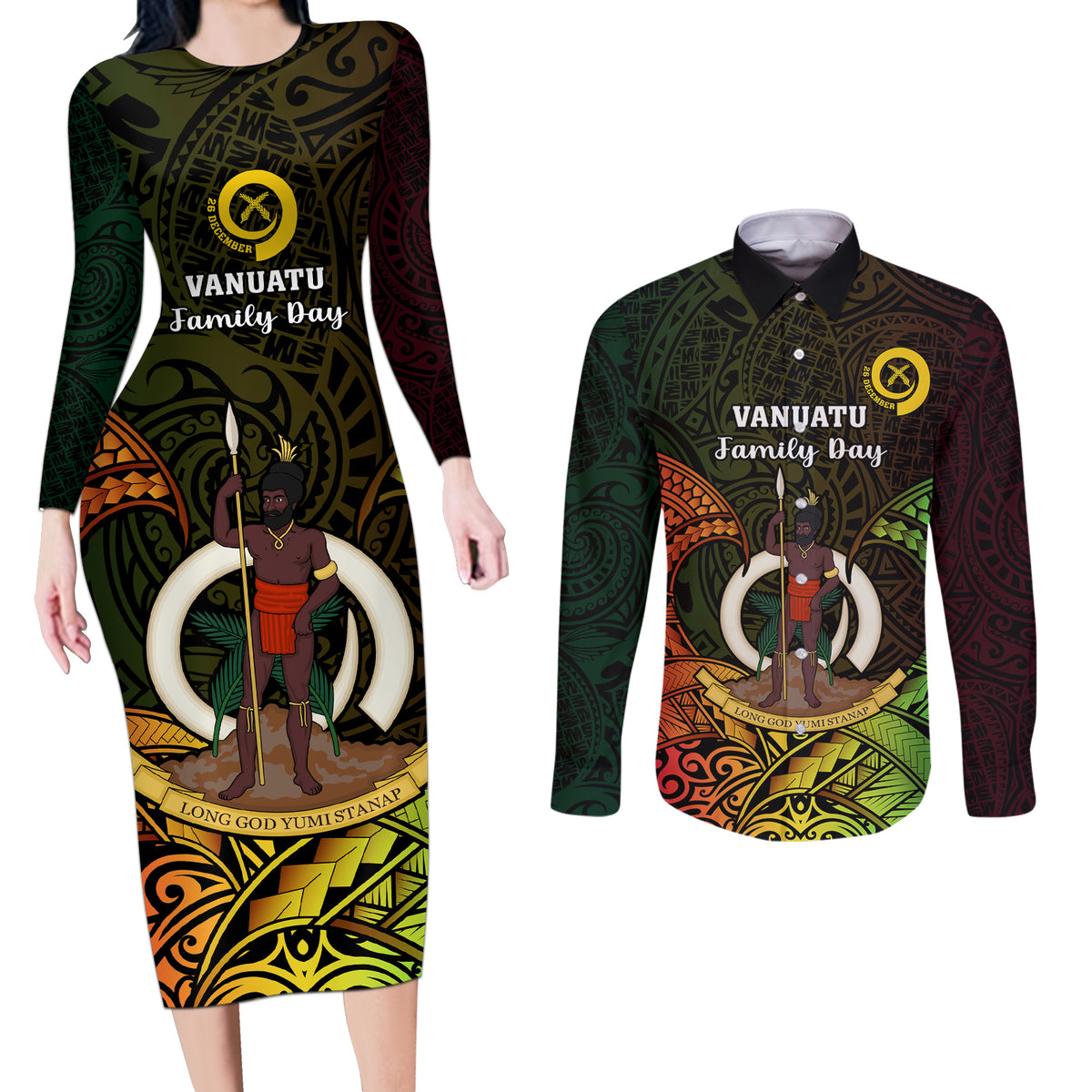 Personalised Vanuatu Family Day Couples Matching Long Sleeve Bodycon Dress and Long Sleeve Button Shirt Happy 26 December Vanuatuan Pig Tusk LT14 Black - Polynesian Pride