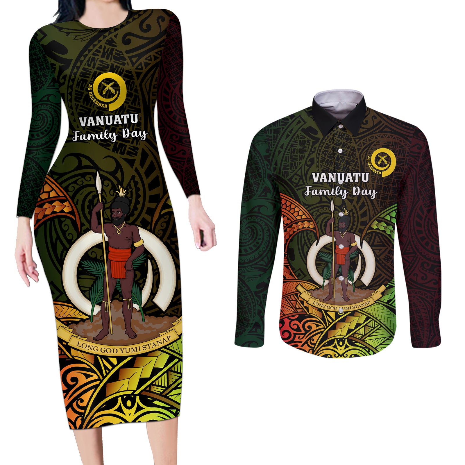 Personalised Vanuatu Family Day Couples Matching Long Sleeve Bodycon Dress and Long Sleeve Button Shirt Happy 26 December Vanuatuan Pig Tusk LT14 Black - Polynesian Pride