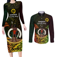 Personalised Vanuatu Family Day Couples Matching Long Sleeve Bodycon Dress and Long Sleeve Button Shirt Happy 26 December Vanuatuan Pig Tusk LT14 Black - Polynesian Pride