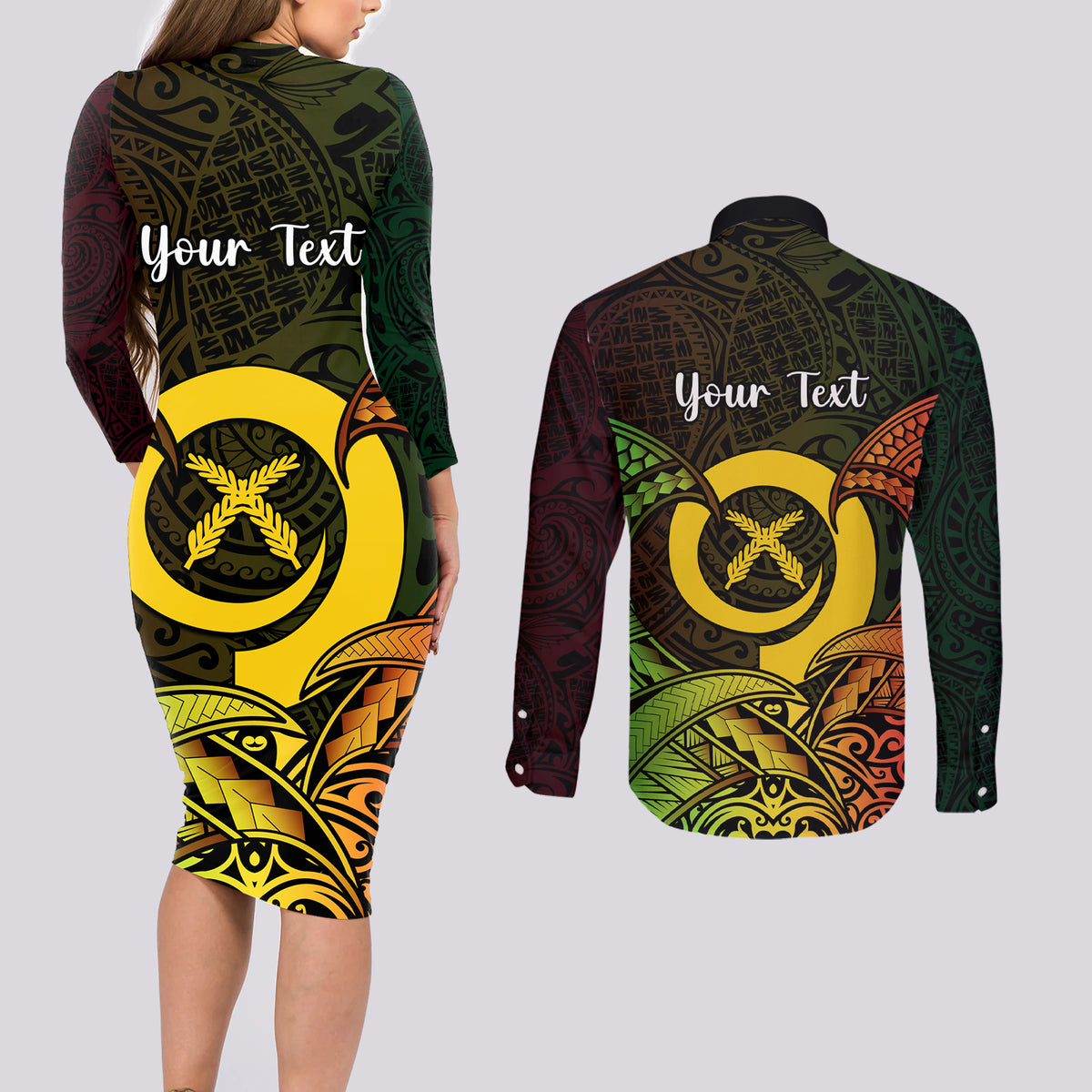 Personalised Vanuatu Family Day Couples Matching Long Sleeve Bodycon Dress and Long Sleeve Button Shirt Happy 26 December Vanuatuan Pig Tusk LT14 - Polynesian Pride