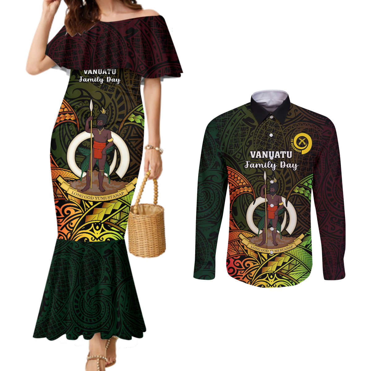 Personalised Vanuatu Family Day Couples Matching Mermaid Dress and Long Sleeve Button Shirt Happy 26 December Vanuatuan Pig Tusk LT14 Black - Polynesian Pride