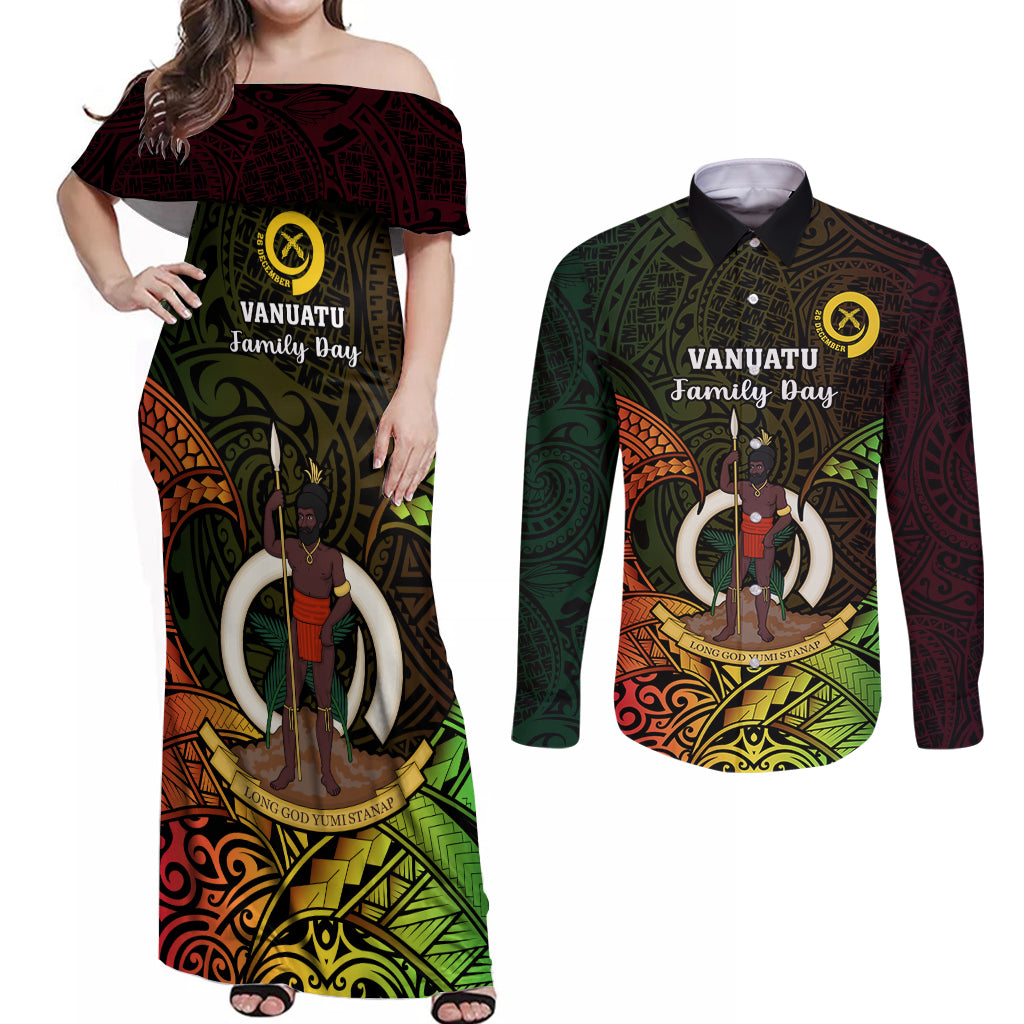 Personalised Vanuatu Family Day Couples Matching Off Shoulder Maxi Dress and Long Sleeve Button Shirt Happy 26 December Vanuatuan Pig Tusk LT14 Black - Polynesian Pride