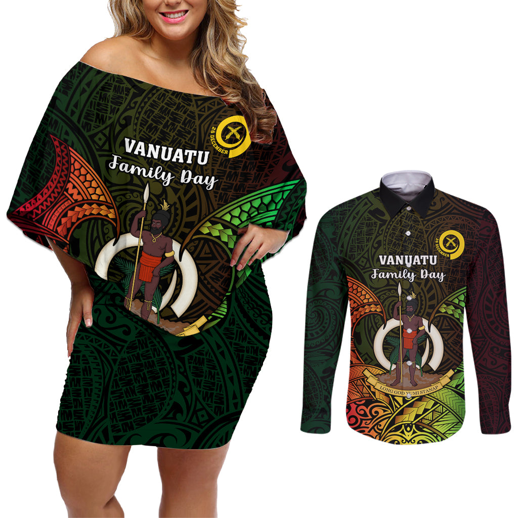 Personalised Vanuatu Family Day Couples Matching Off Shoulder Short Dress and Long Sleeve Button Shirt Happy 26 December Vanuatuan Pig Tusk LT14 Black - Polynesian Pride