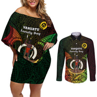 Personalised Vanuatu Family Day Couples Matching Off Shoulder Short Dress and Long Sleeve Button Shirt Happy 26 December Vanuatuan Pig Tusk LT14 Black - Polynesian Pride