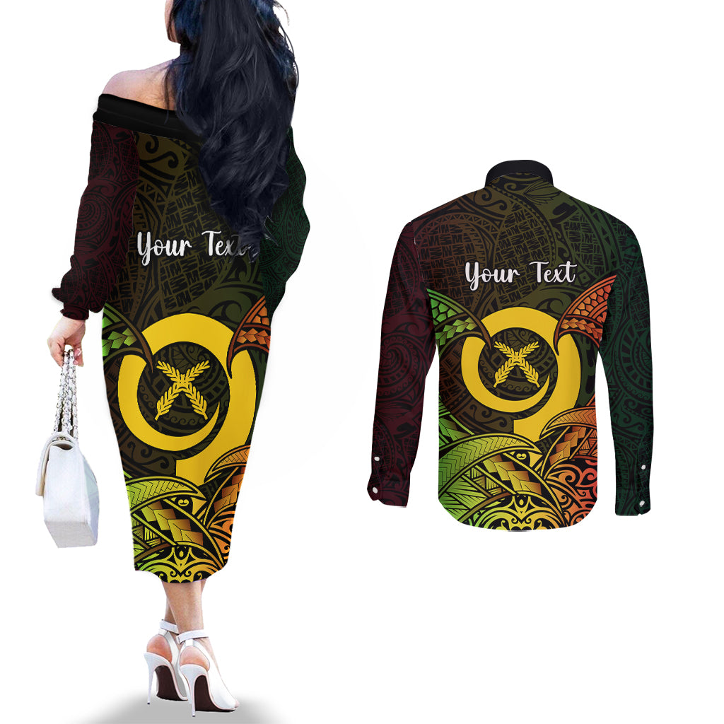 Personalised Vanuatu Family Day Couples Matching Off The Shoulder Long Sleeve Dress and Long Sleeve Button Shirt Happy 26 December Vanuatuan Pig Tusk LT14 - Polynesian Pride