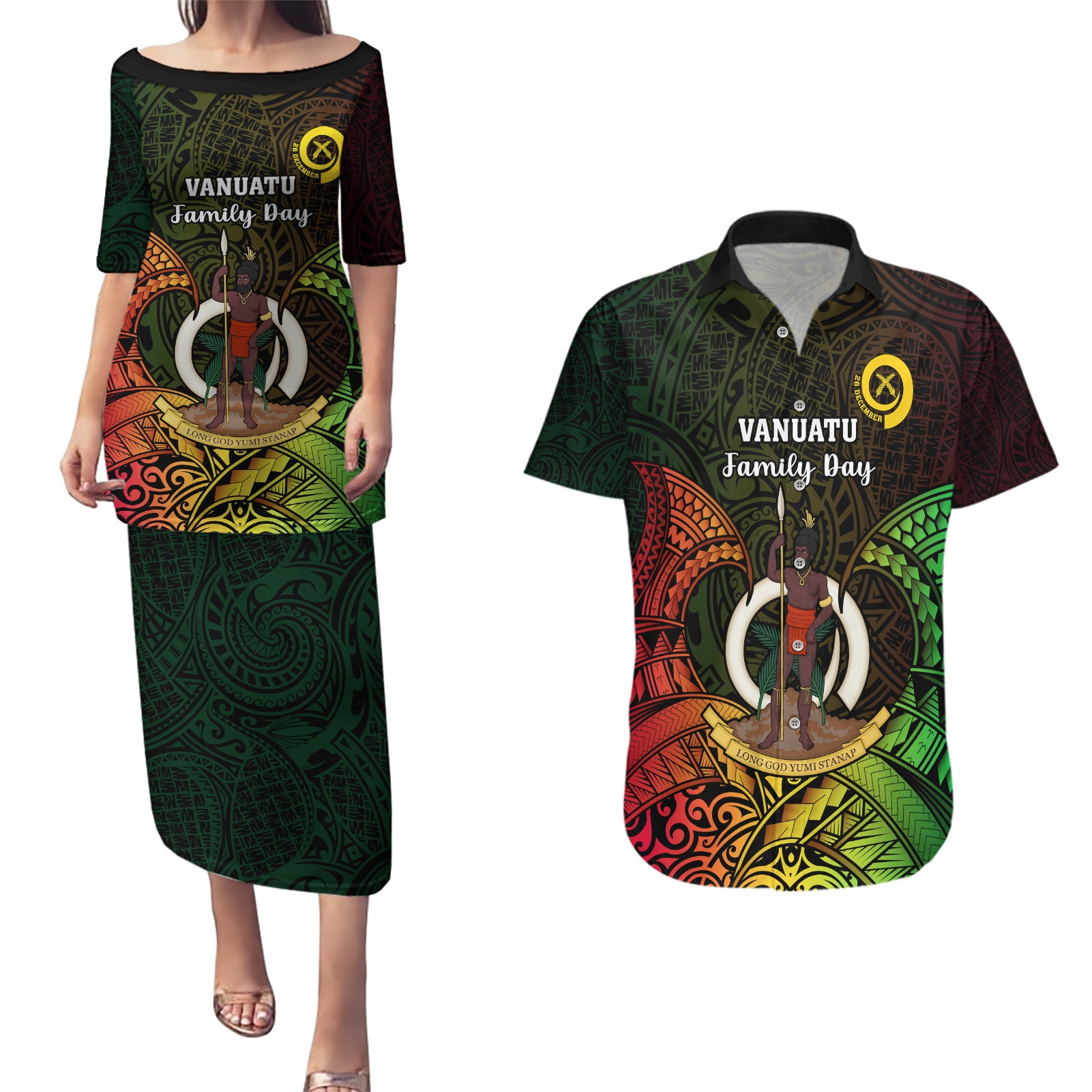 Personalised Vanuatu Family Day Couples Matching Puletasi Dress and Hawaiian Shirt Happy 26 December Vanuatuan Pig Tusk LT14 Black - Polynesian Pride