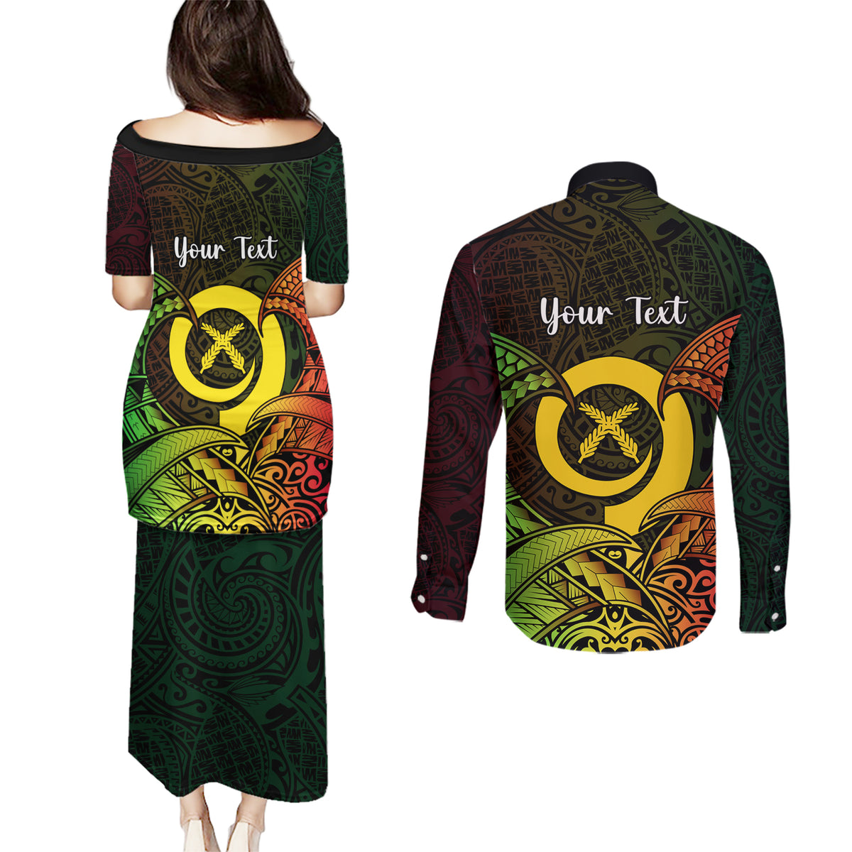 Personalised Vanuatu Family Day Couples Matching Puletasi Dress and Long Sleeve Button Shirt Happy 26 December Vanuatuan Pig Tusk LT14 - Polynesian Pride