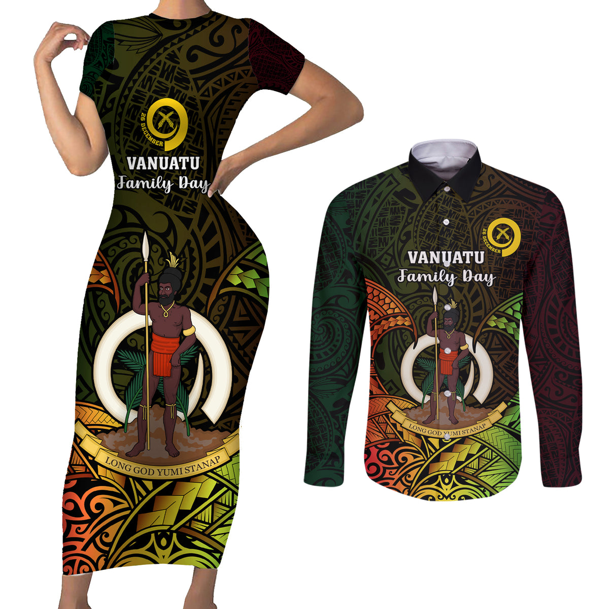 Personalised Vanuatu Family Day Couples Matching Short Sleeve Bodycon Dress and Long Sleeve Button Shirt Happy 26 December Vanuatuan Pig Tusk LT14 Black - Polynesian Pride