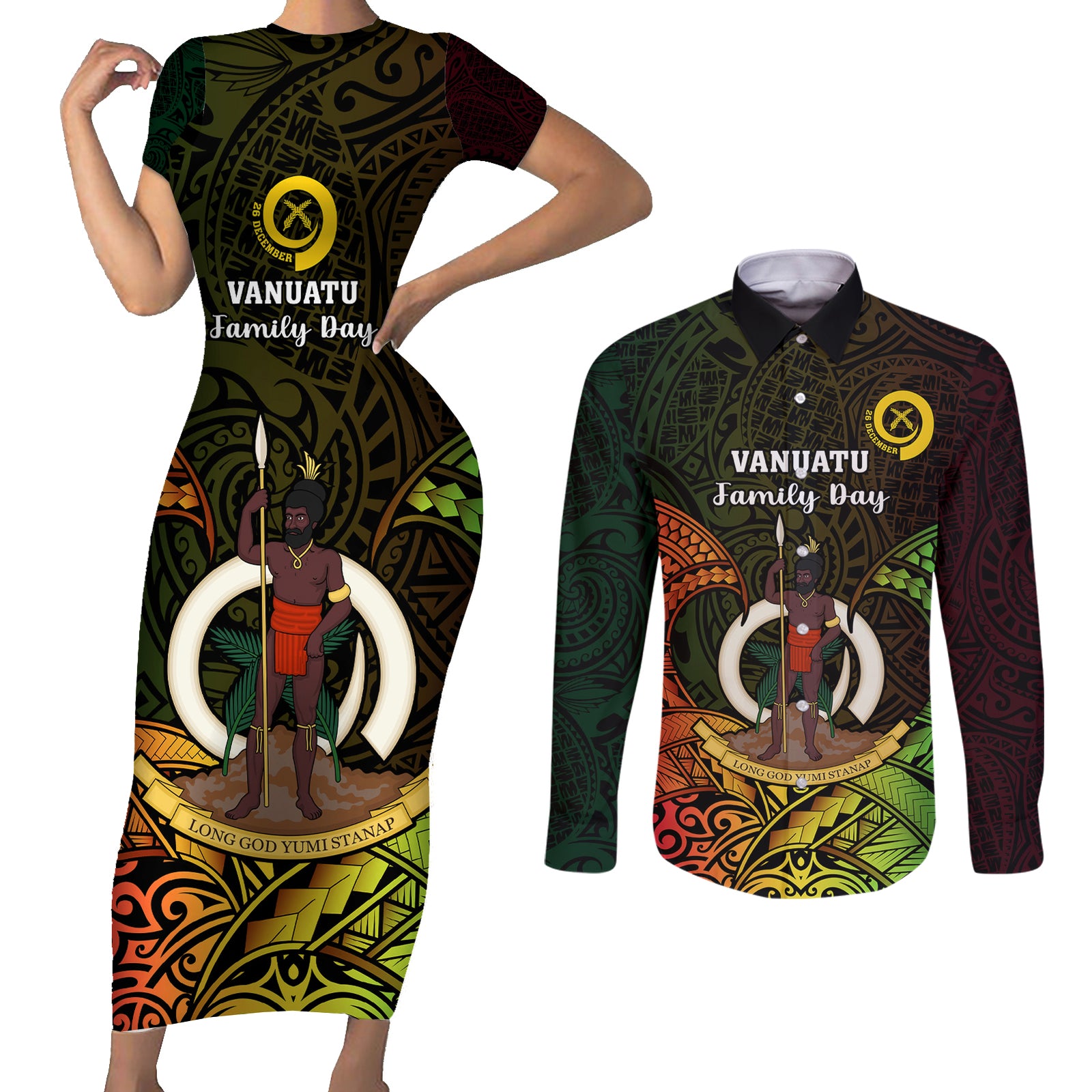 Personalised Vanuatu Family Day Couples Matching Short Sleeve Bodycon Dress and Long Sleeve Button Shirt Happy 26 December Vanuatuan Pig Tusk LT14 Black - Polynesian Pride