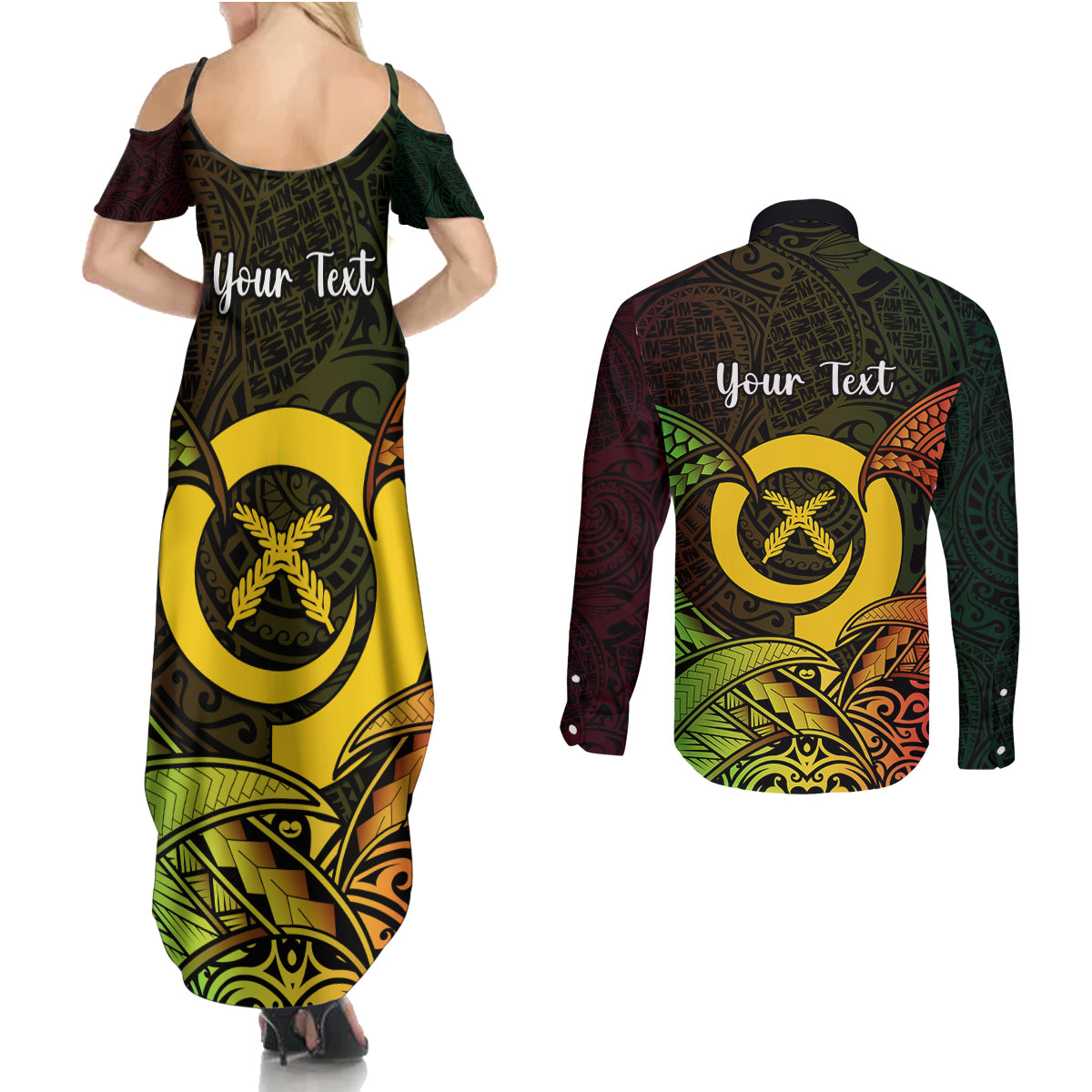 Personalised Vanuatu Family Day Couples Matching Summer Maxi Dress and Long Sleeve Button Shirt Happy 26 December Vanuatuan Pig Tusk LT14 - Polynesian Pride