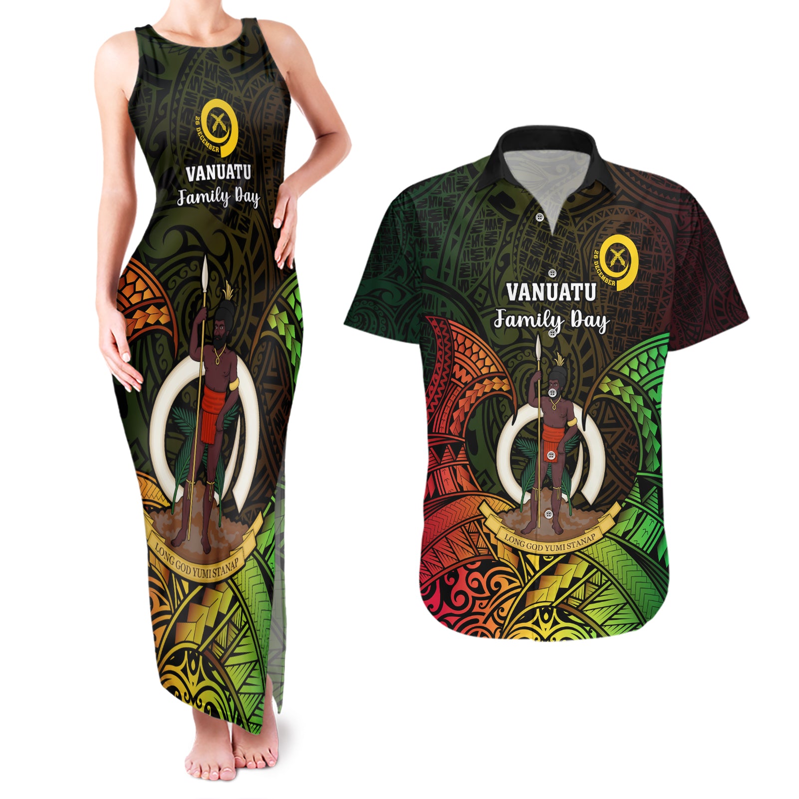 Personalised Vanuatu Family Day Couples Matching Tank Maxi Dress and Hawaiian Shirt Happy 26 December Vanuatuan Pig Tusk LT14 Black - Polynesian Pride