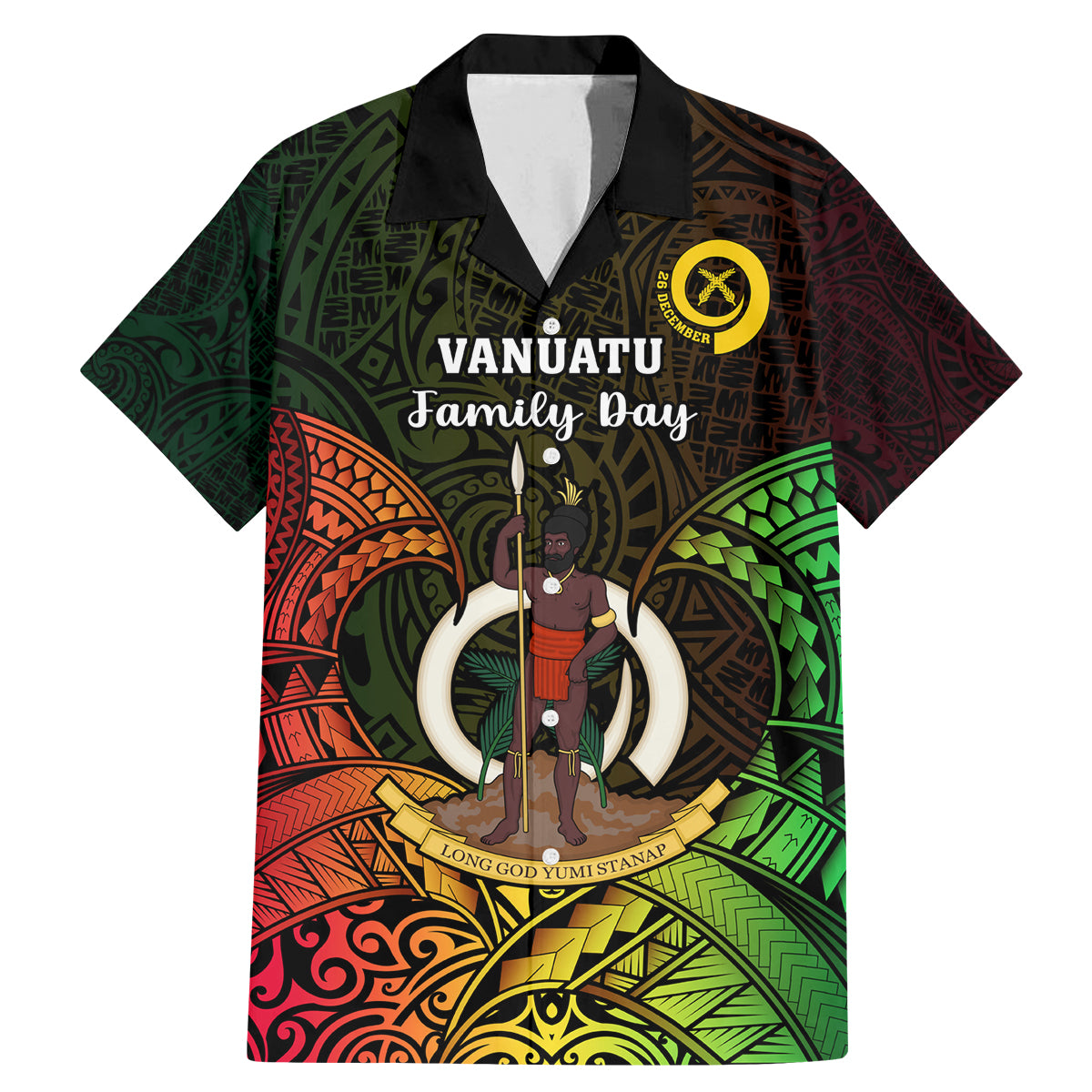 Personalised Vanuatu Family Day Family Matching Mermaid Dress and Hawaiian Shirt Happy 26 December Vanuatuan Pig Tusk LT14 Dad's Shirt - Short Sleeve Black - Polynesian Pride