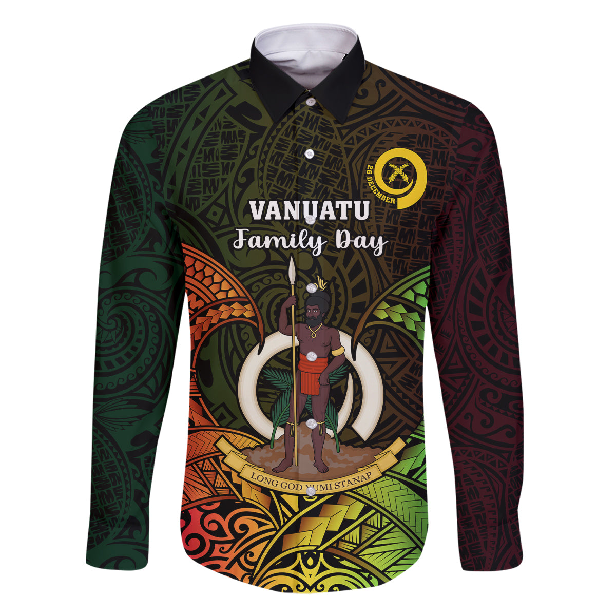 Personalised Vanuatu Family Day Family Matching Off Shoulder Maxi Dress and Hawaiian Shirt Happy 26 December Vanuatuan Pig Tusk LT14 Dad's Shirt - Long Sleeve Black - Polynesian Pride