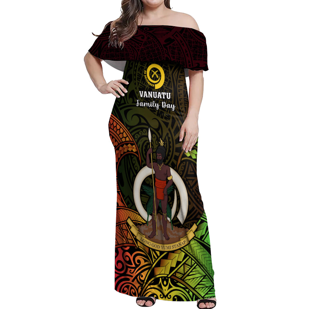 Personalised Vanuatu Family Day Off Shoulder Maxi Dress Happy 26 December Vanuatuan Pig Tusk LT14 Women Black - Polynesian Pride