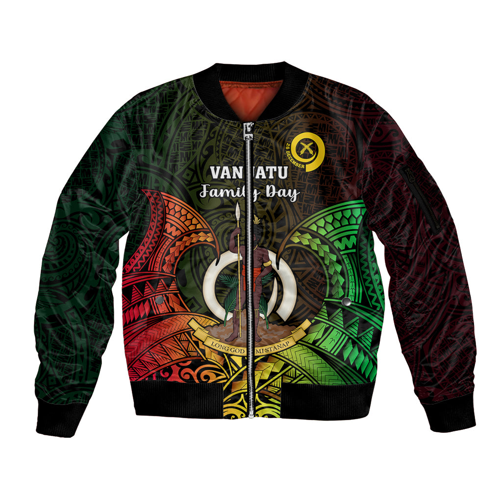 Personalised Vanuatu Family Day Sleeve Zip Bomber Jacket Happy 26 December Vanuatuan Pig Tusk LT14 Unisex Black - Polynesian Pride
