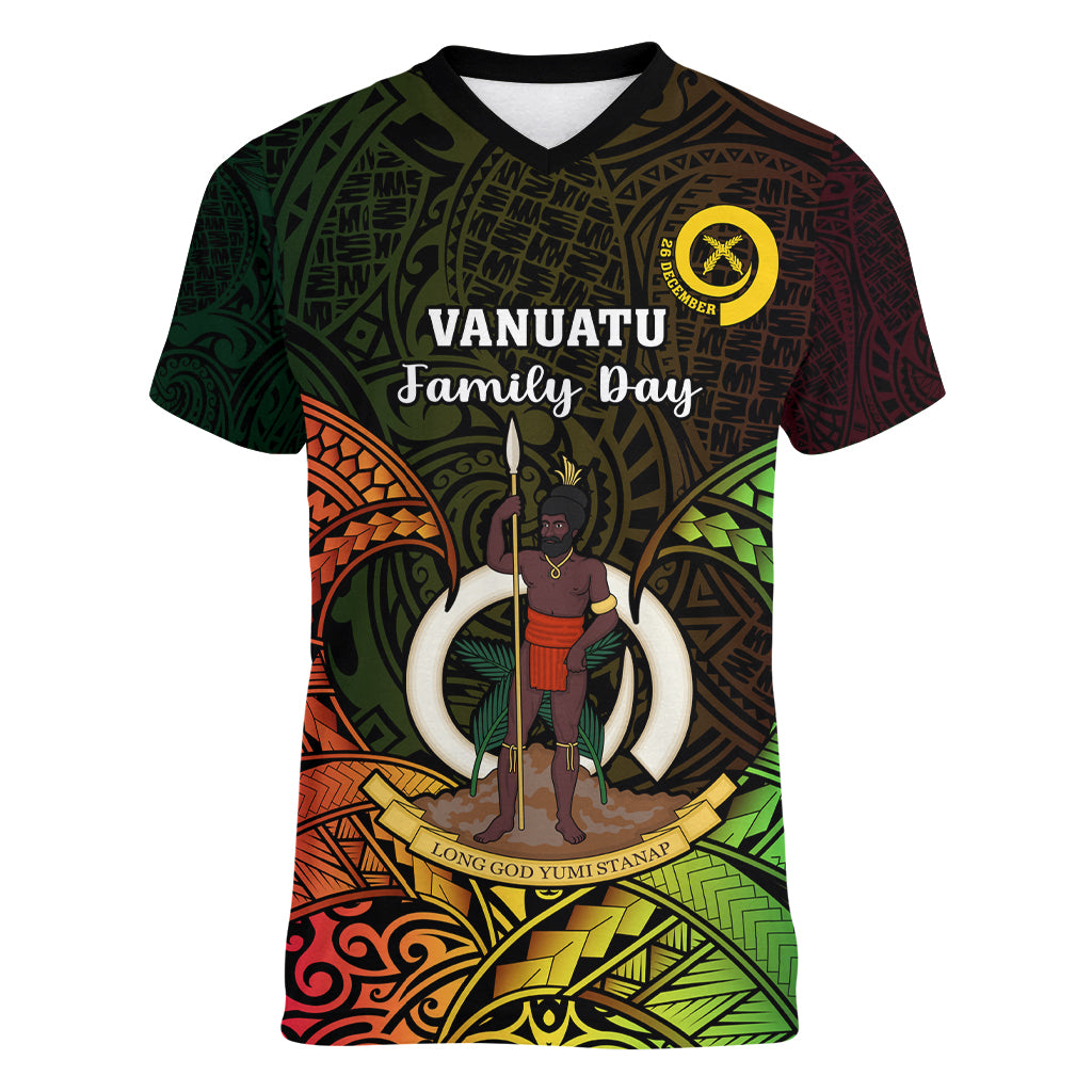 Personalised Vanuatu Family Day Women V Neck T Shirt Happy 26 December Vanuatuan Pig Tusk LT14 Female Black - Polynesian Pride