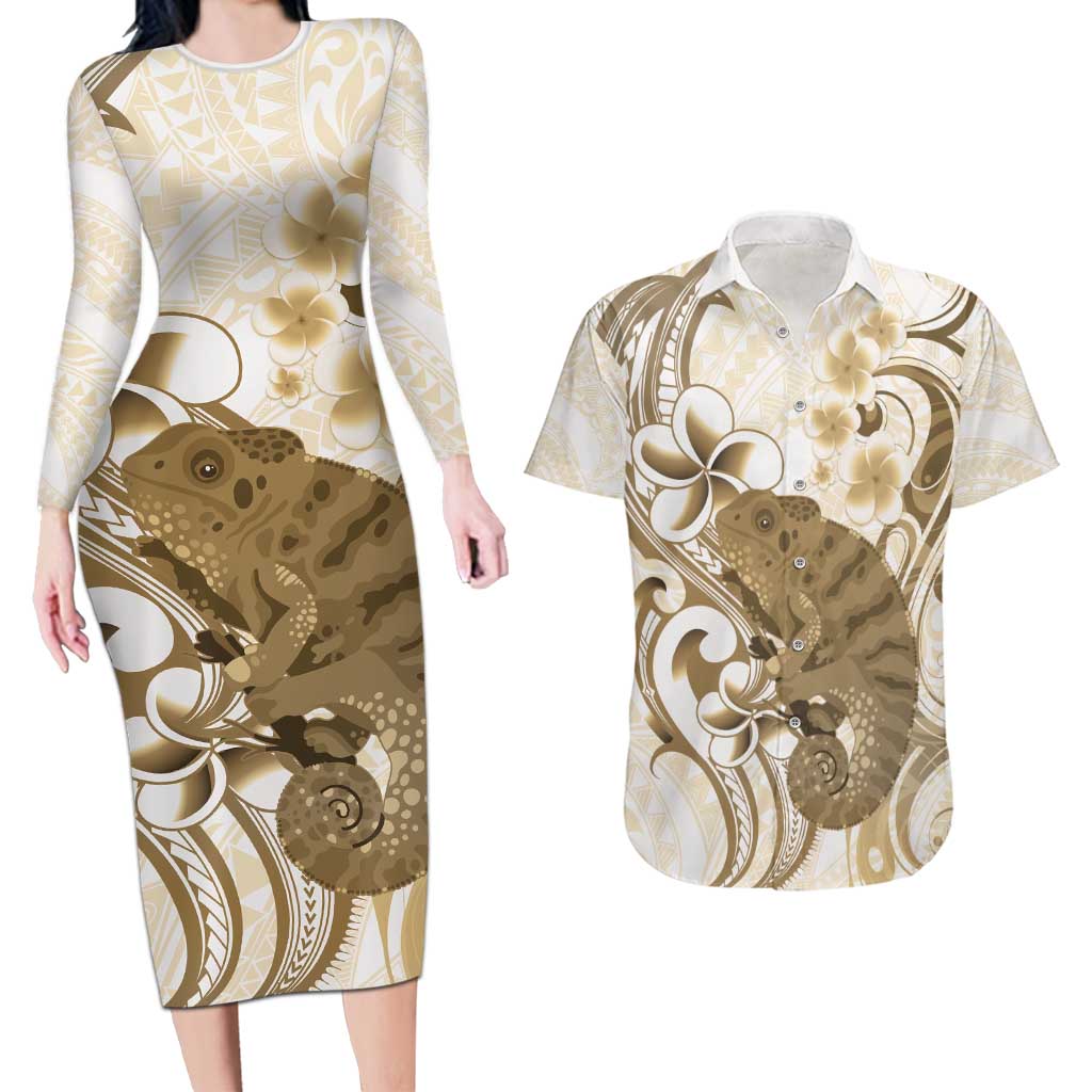 Brown And White Hawaii Chameleon Couples Matching Long Sleeve Bodycon Dress and Hawaiian Shirt Plumeria Polynesian Tribal Art LT14 Brown - Polynesian Pride