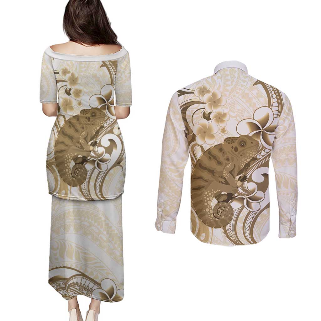 Brown And White Hawaii Chameleon Couples Matching Puletasi and Long Sleeve Button Shirt Plumeria Polynesian Tribal Art