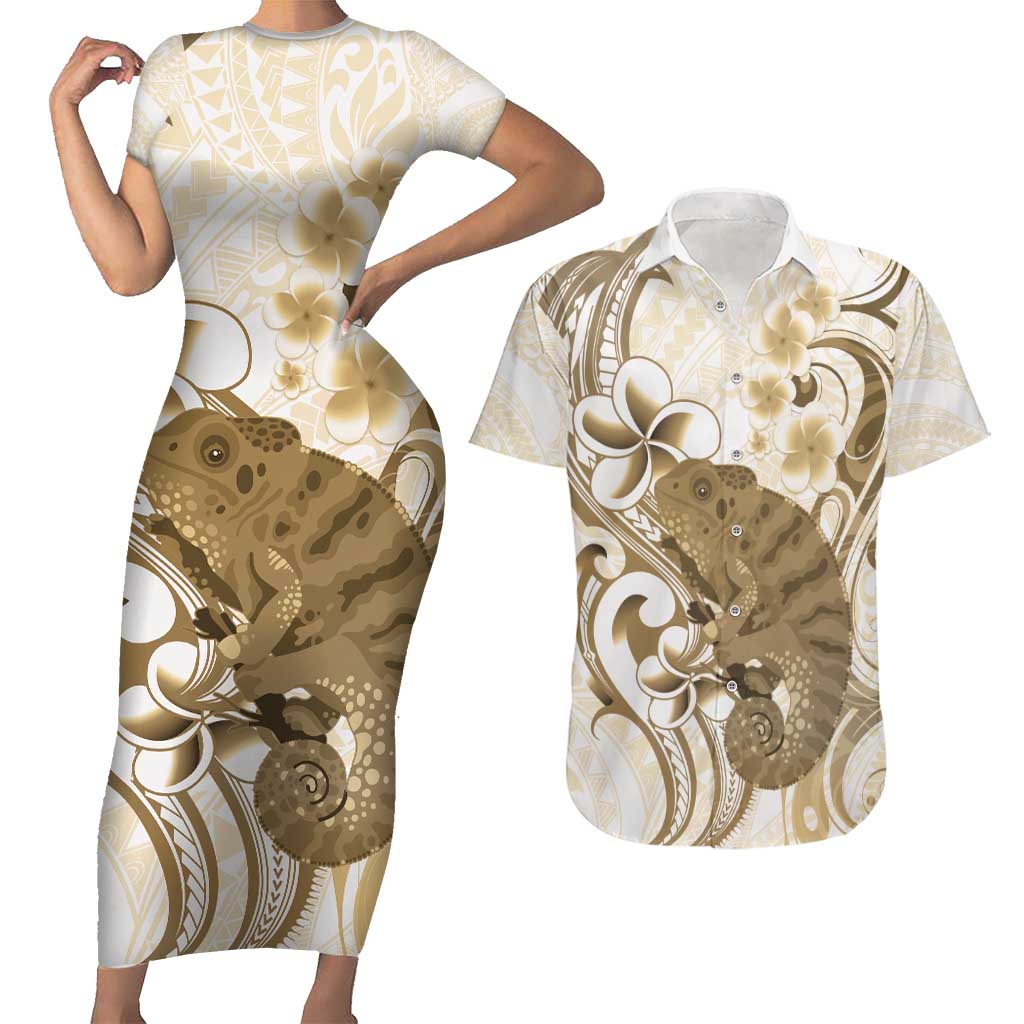 Brown And White Hawaii Chameleon Couples Matching Short Sleeve Bodycon Dress and Hawaiian Shirt Plumeria Polynesian Tribal Art LT14 Brown - Polynesian Pride