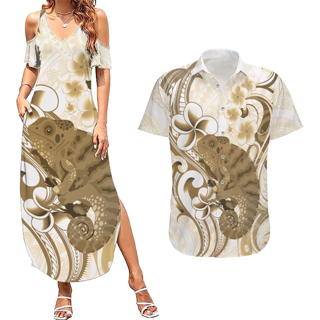 Brown And White Hawaii Chameleon Couples Matching Summer Maxi Dress and Hawaiian Shirt Plumeria Polynesian Tribal Art