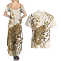 Brown And White Hawaii Chameleon Couples Matching Summer Maxi Dress and Hawaiian Shirt Plumeria Polynesian Tribal Art